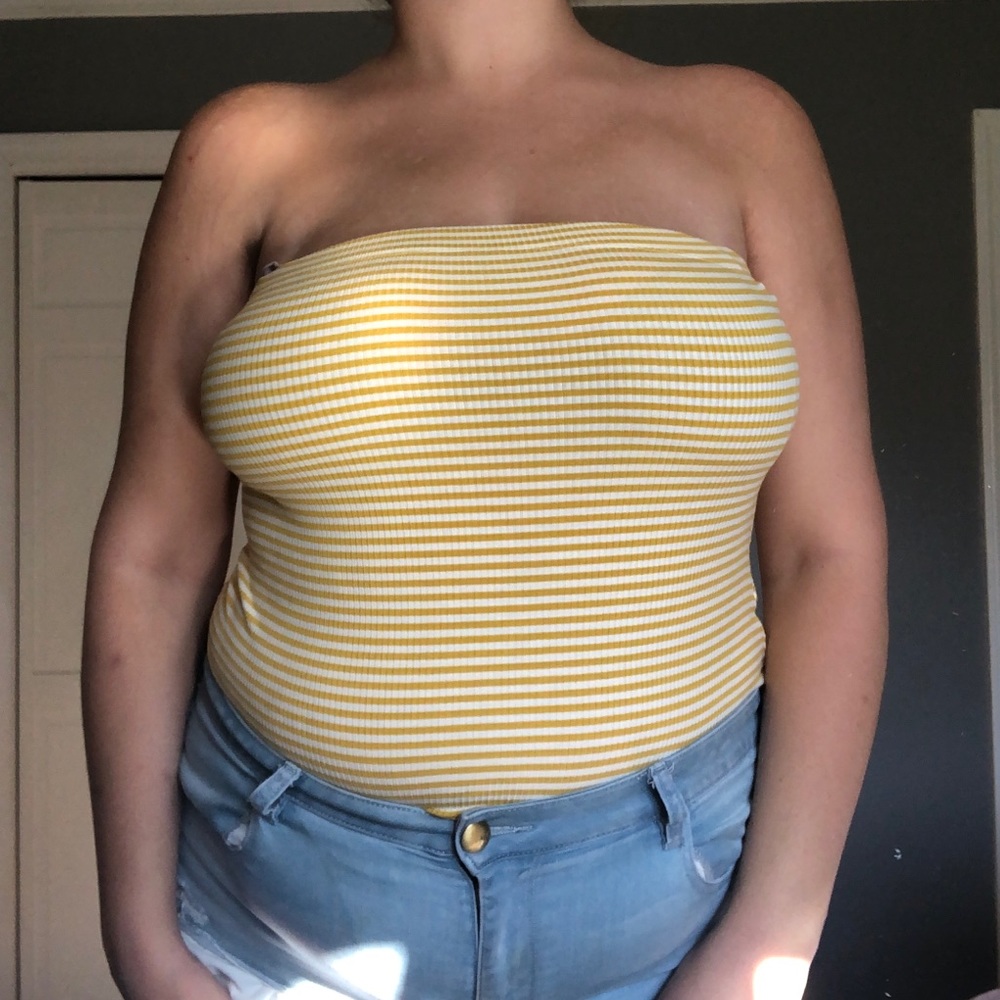 Yellow and White Striped Strapless Bodysuit